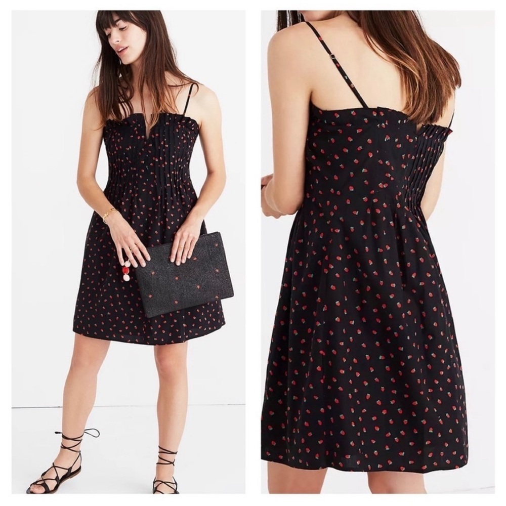Madewell Mini Dress Size 8 Black Red Strawberries Spaghetti Straps Lined Ruffled